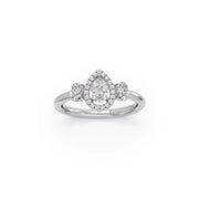 Pear-Shaped Diamond Ring in White Gold – Three-Stone Halo Ring with Oval Side Diamonds | JewelVerra
