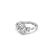 Pear-Shaped Diamond Ring in White Gold – Three-Stone Halo Ring with Oval Side Diamonds | JewelVerra