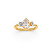 Pear-Shaped Diamond Ring in White Gold – Three-Stone Halo Ring with Oval Side Diamonds | JewelVerra
