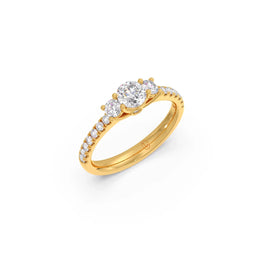 Three-Stone Diamond Engagement Ring with Round and Pave Set Diamonds – Yellow Gold | JewelVerra
