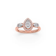 Pear-Shaped Diamond Ring with Oval Side Stones in Yellow Gold – Elegant Three-Stone Halo | JewelVerra