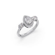 Pear-Shaped Diamond Ring with Oval Side Stones in Yellow Gold – Elegant Three-Stone Halo | JewelVerra