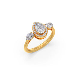 Pear-Shaped Diamond Ring with Oval Side Stones in Yellow Gold – Elegant Three-Stone Halo | JewelVerra