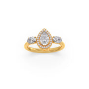 Pear-Shaped Diamond Ring with Oval Side Stones in Yellow Gold – Elegant Three-Stone Halo | JewelVerra