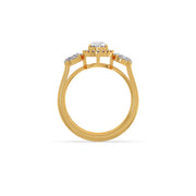 Pear-Shaped Diamond Ring with Oval Side Stones in Yellow Gold – Elegant Three-Stone Halo | JewelVerra