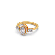 Pear-Shaped Diamond Ring with Oval Side Stones in Yellow Gold – Elegant Three-Stone Halo | JewelVerra