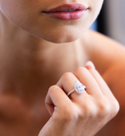 French Pave Halo Diamond Engagement Ring with Pear Cut Diamond